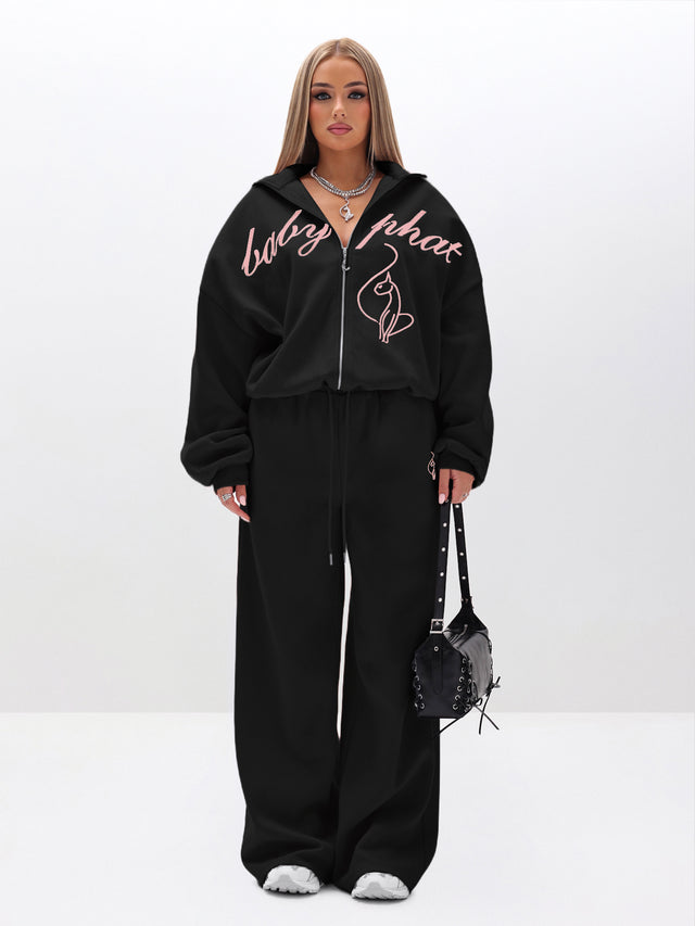 Baggy Sweatpants With Applique, black fleece with pink logo detail and matching zip-up, front full-body view