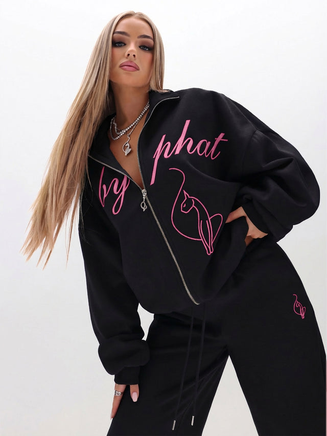 Oversized High Neck Zip Up Sweatshirt, black with pink script graphic, on-model styling view