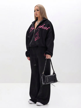 Oversized High Neck Zip Up Sweatshirt, black set profile with shoulder bag, side view