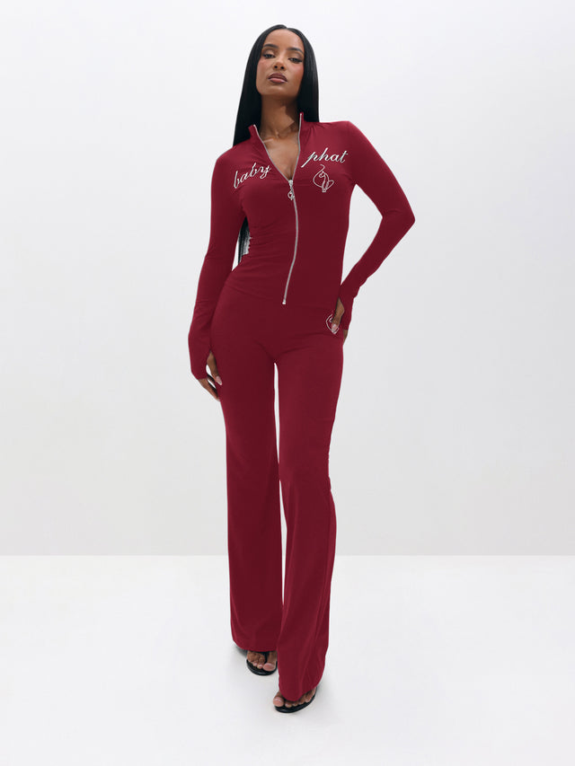 Pull on Flare Leggings, cherry red zip-front silhouette, front full-body view