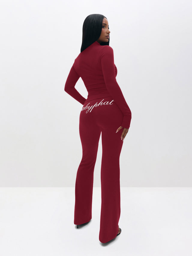 Pull on Flare Leggings, cherry red logo script across back, back view