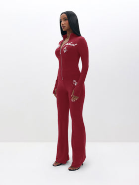 Long Sleeve High Neck Zip Up Top, burgundy streamlined shape from profile angle, side view