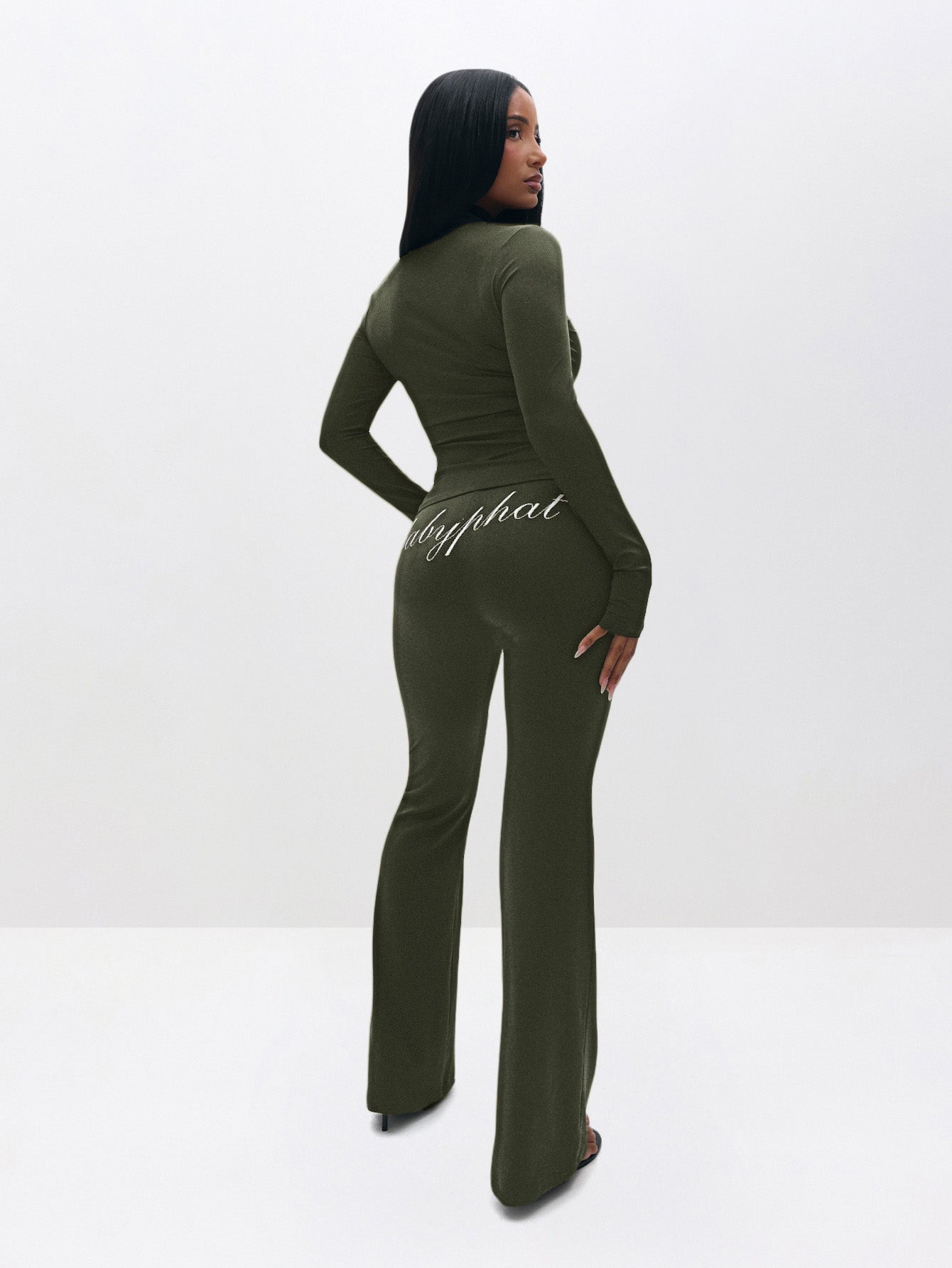 Pull on Flare Leggings, olive flared silhouette with back script logo, back view