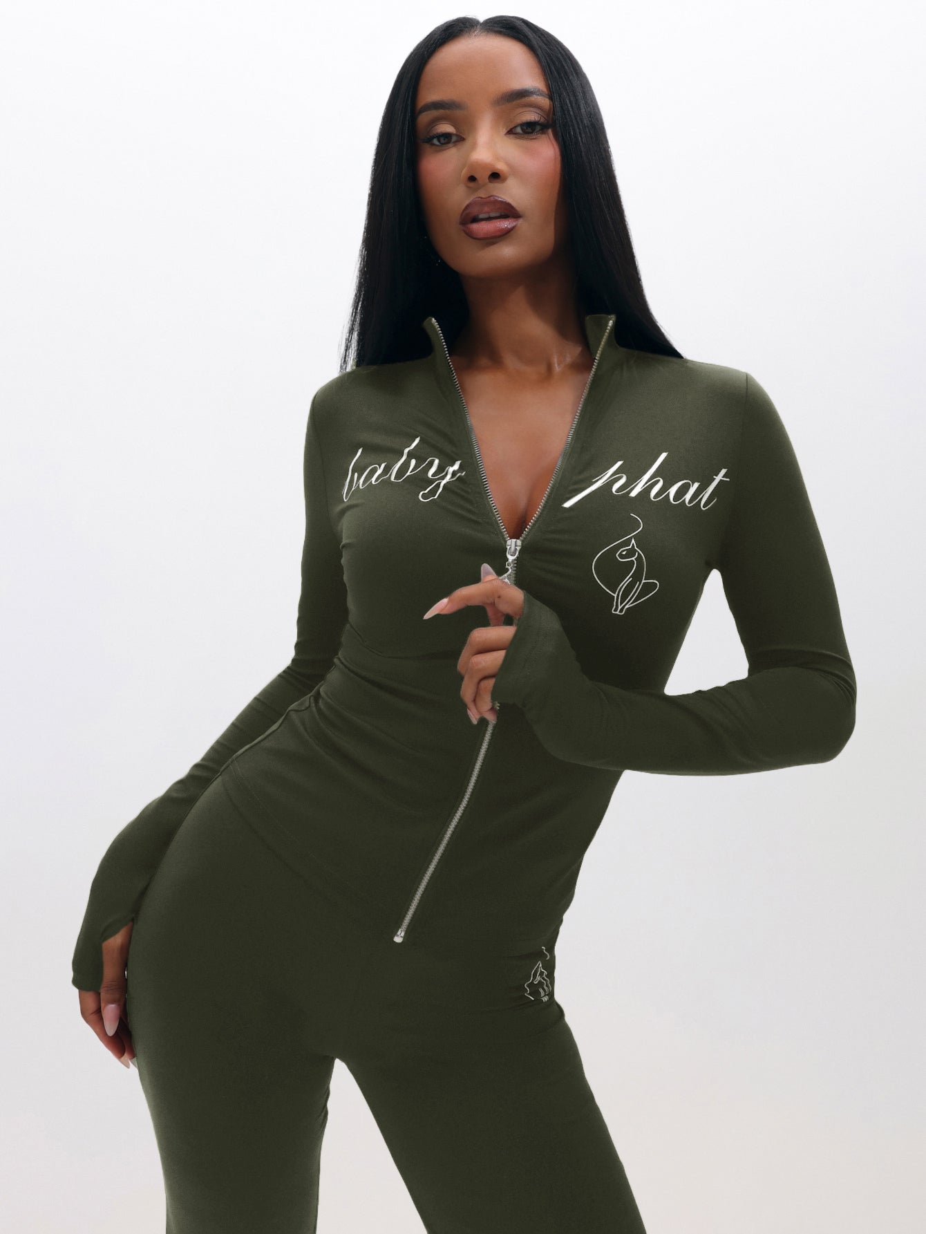 Long Sleeve High Neck Zip Up Top, olive green fitted zip-front silhouette, front view