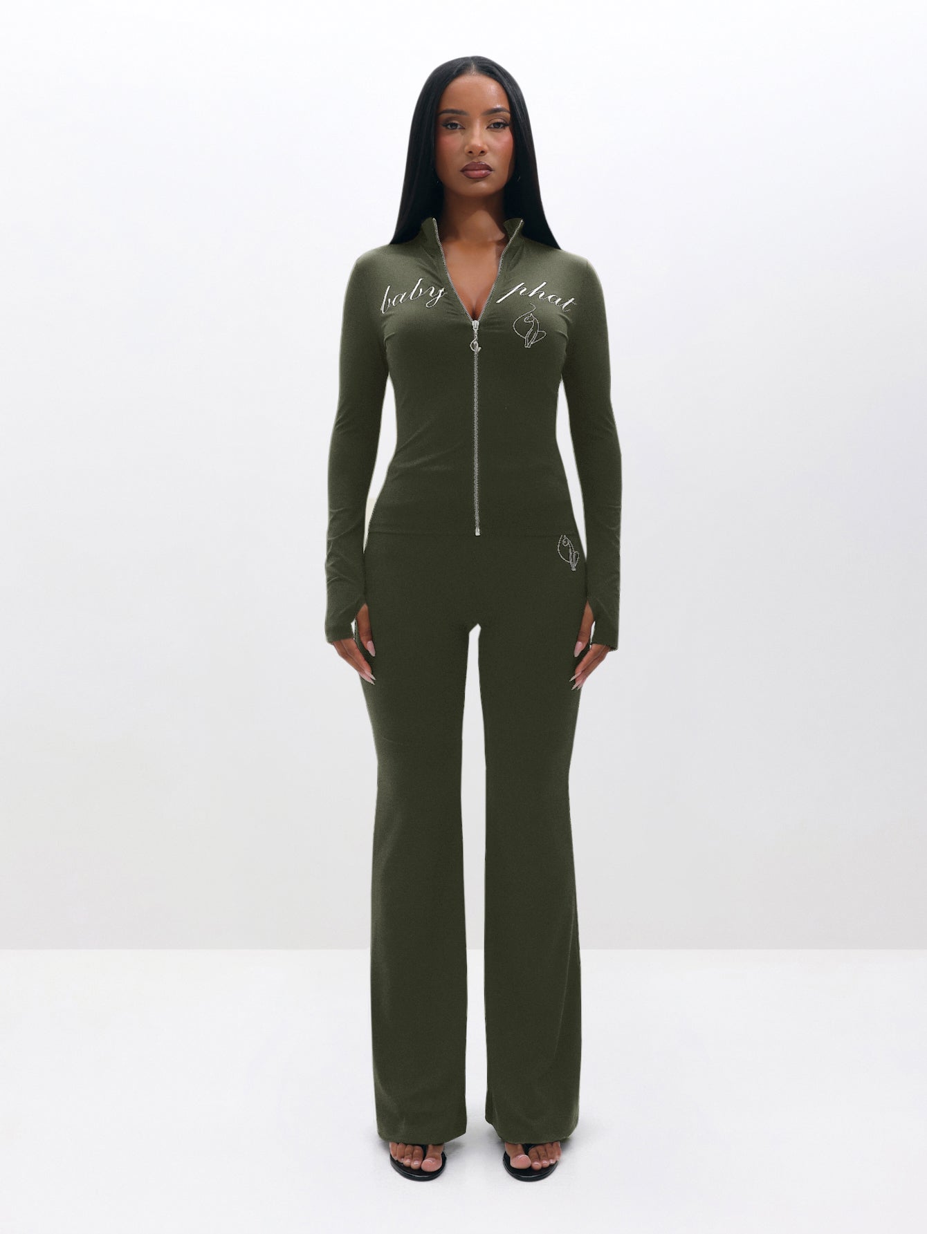 Long Sleeve High Neck Zip Up Top Olive Green | Baby Phat | Baby Phat