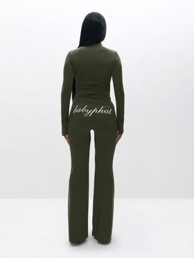 Long Sleeve High Neck Zip Up Top, rear olive green silhouette with back script logo, back view