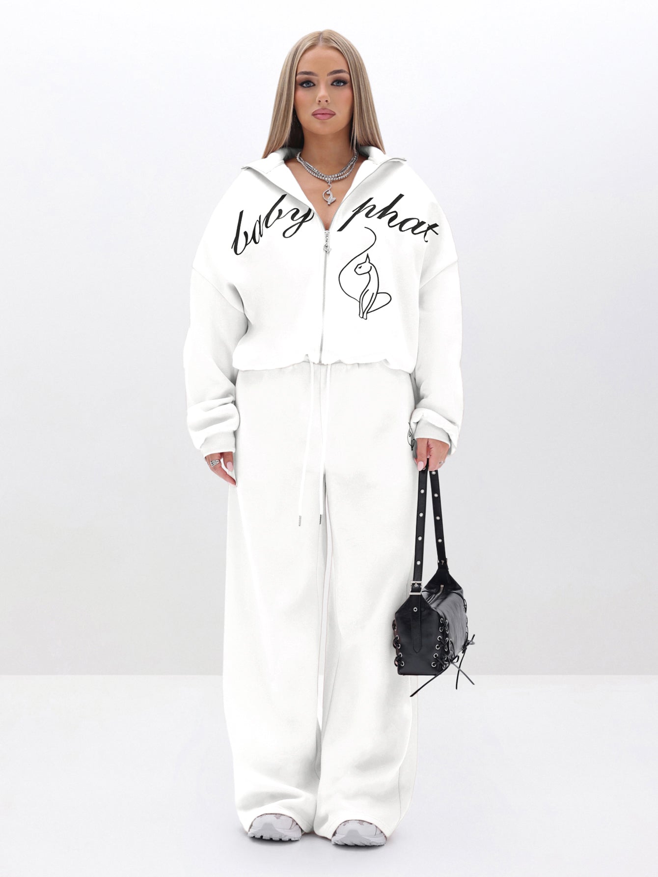 Oversized High Neck Zip Up Sweatshirt in White | Baby Phat | Baby Phat