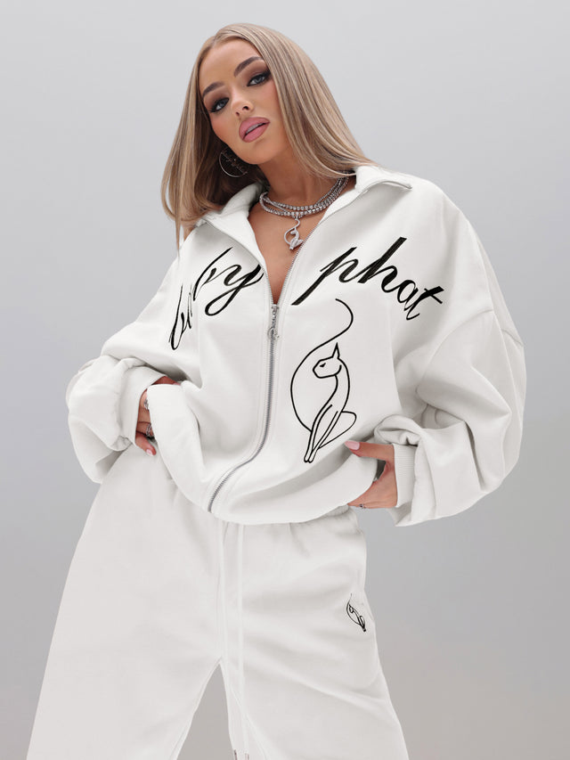 Oversized High Neck Zip Up Sweatshirt, white relaxed fit with zip front, on-model styling view
