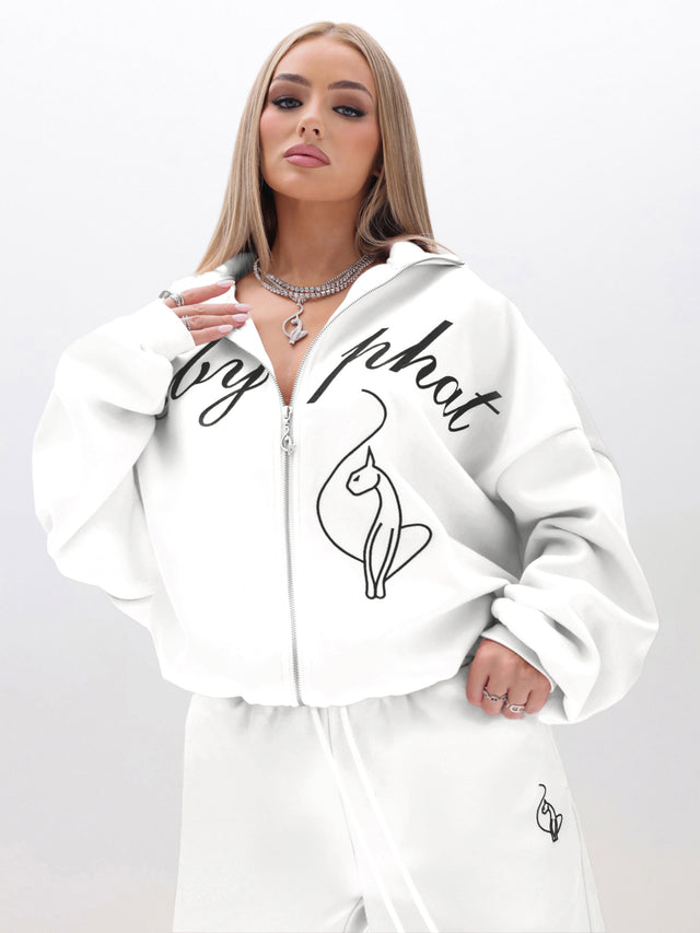 Oversized High Neck Zip Up Sweatshirt, white script graphic with cat motif, front view