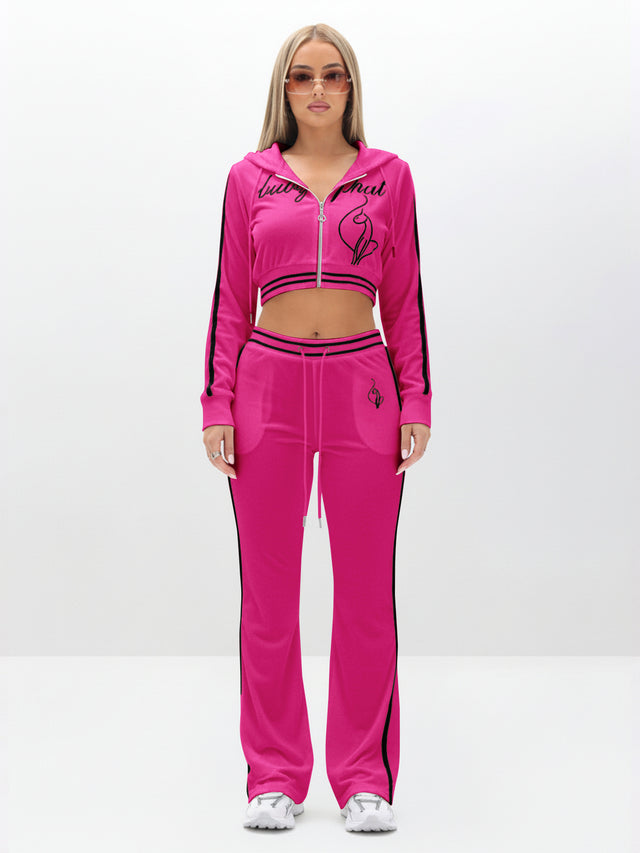 Slim Fit Velour Bootcut Pant, hot pink velour with black side stripe, front full-body view