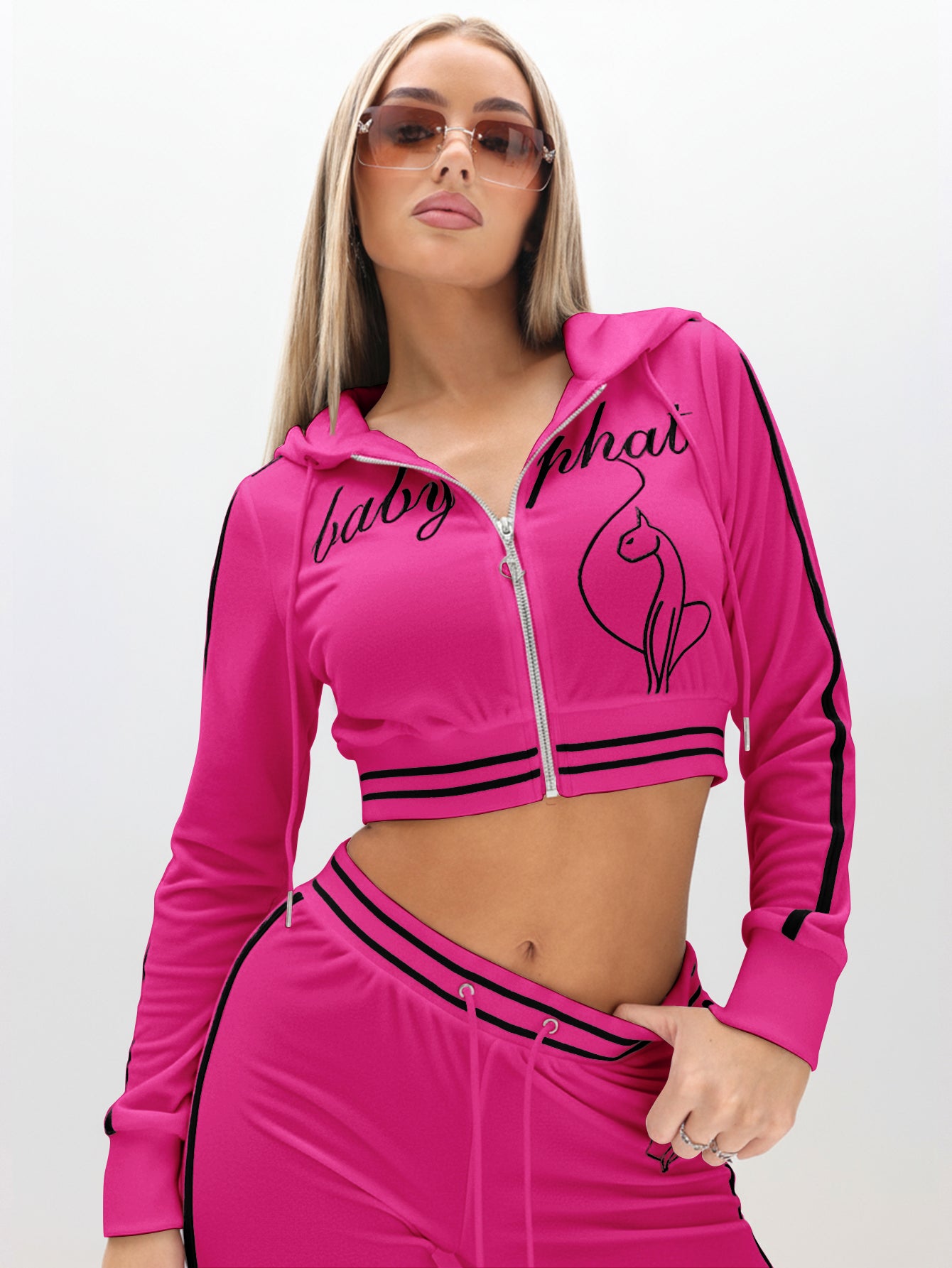 Cropped Velour Zip Up Sweatshirt, hot pink cropped velour zip hoodie with script logo, front view