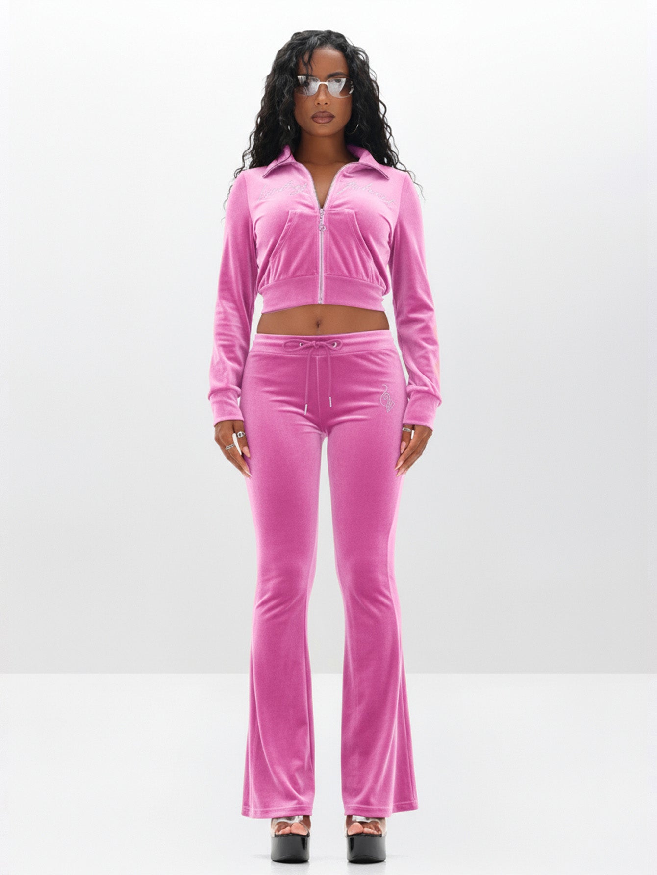 Pink Velour Funnel Neck Sweatshirt with Rhinestones | Baby Phat