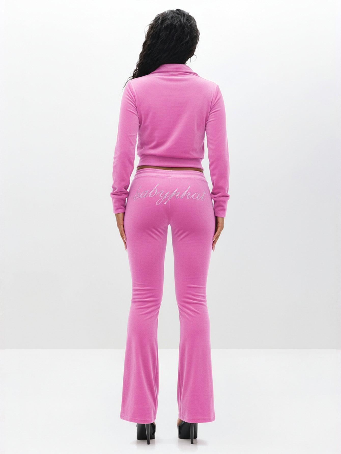 Pink Velour Funnel Neck Sweatshirt with Rhinestones | Baby Phat