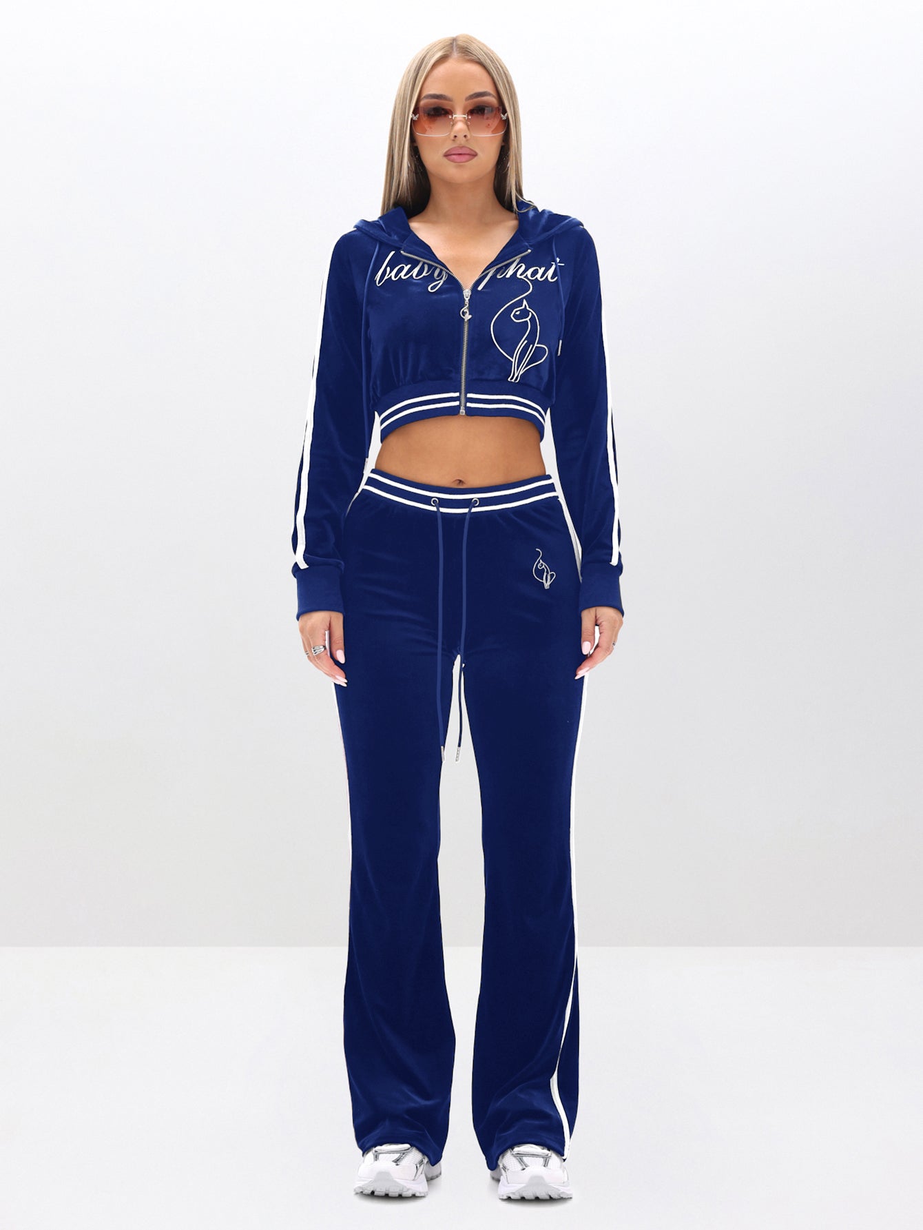 Slim Fit Velour Jogger, royal blue velour with white side stripe, front full-body view