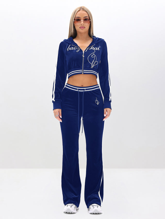 Slim Fit Velour Jogger, royal blue velour with white side stripe, front full-body view