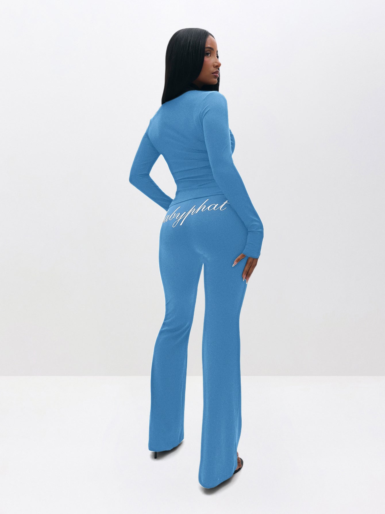 Pull on Flare Leggings, blue flared silhouette with script logo at back, back view