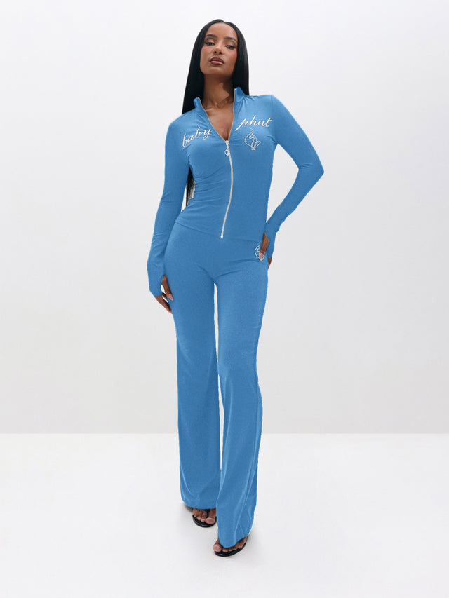 Pull on Flare Leggings, blue contour fit with zip-front layer, on-model styling view