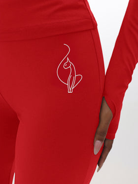 Pull on Flare Leggings, red cat emblem printed at upper hip, logo detail