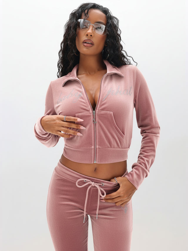 Velour Funnel Neck Sweatshirt with Rhinestones, dusty rose velour with rhinestone script, front view