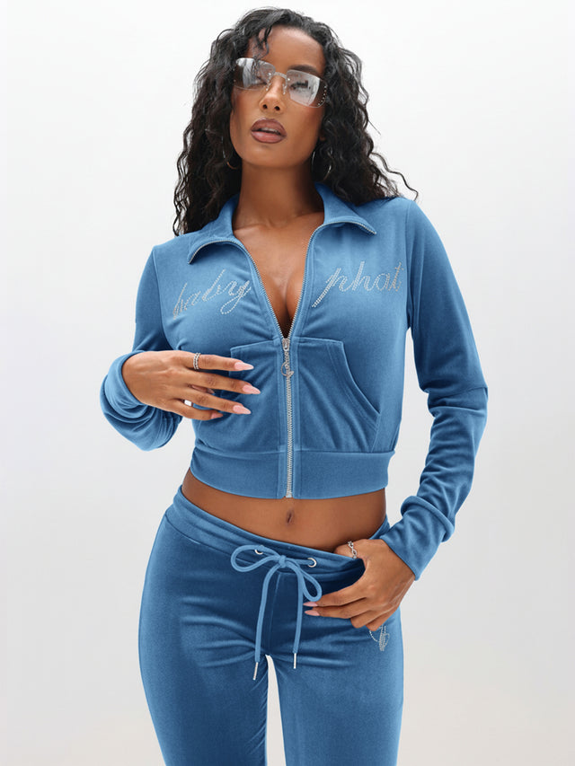 Velour Funnel Neck Sweatshirt with Rhinestones, blue velour with rhinestone script, front view
