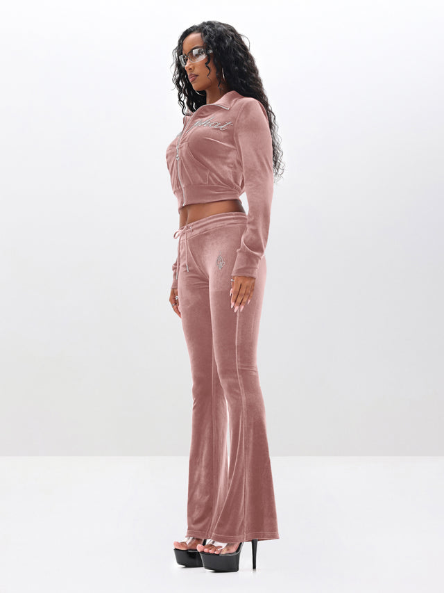 Low Rise Velour Sweatpants With Rhinestones, blush velour silhouette from profile angle, side view