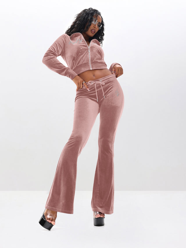 Low Rise Velour Sweatpants With Rhinestones, blush velour low-rise fit with flare leg, on-model styling view
