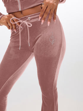 Low Rise Velour Sweatpants With Rhinestones, rhinestone cat logo near hip on blush velour, logo detail