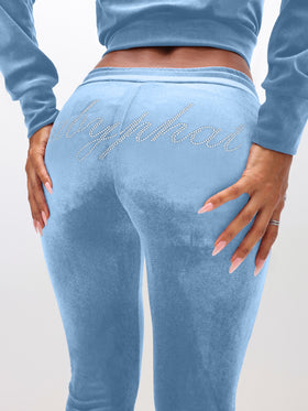 Low Rise Velour Sweatpants With Rhinestones, rhinestone script at back waist, logo detail
