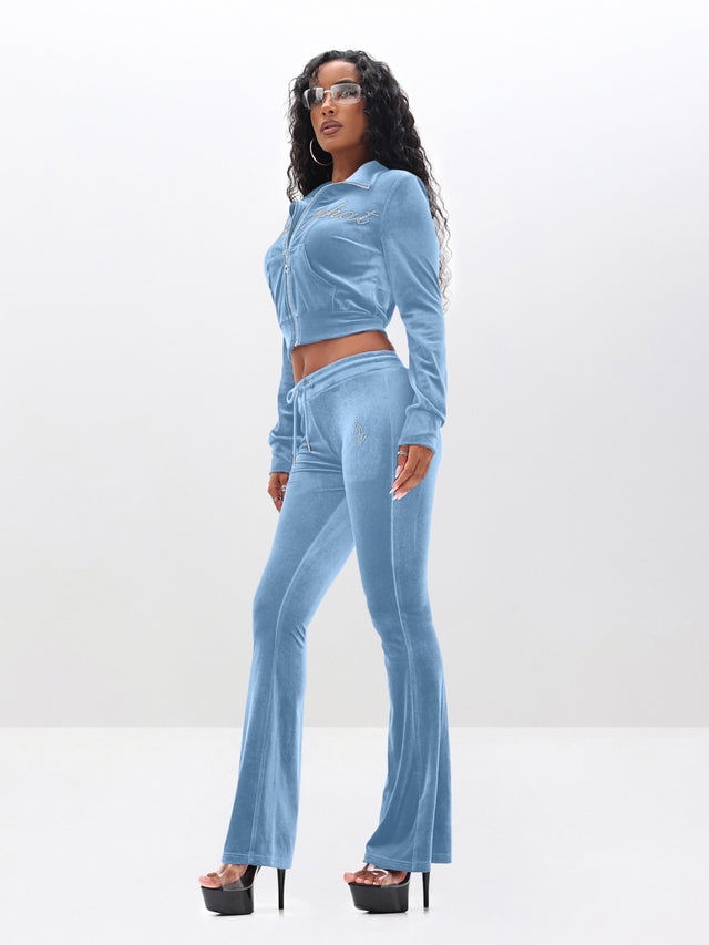 Low Rise Velour Sweatpants With Rhinestones, sky blue velour, side view
