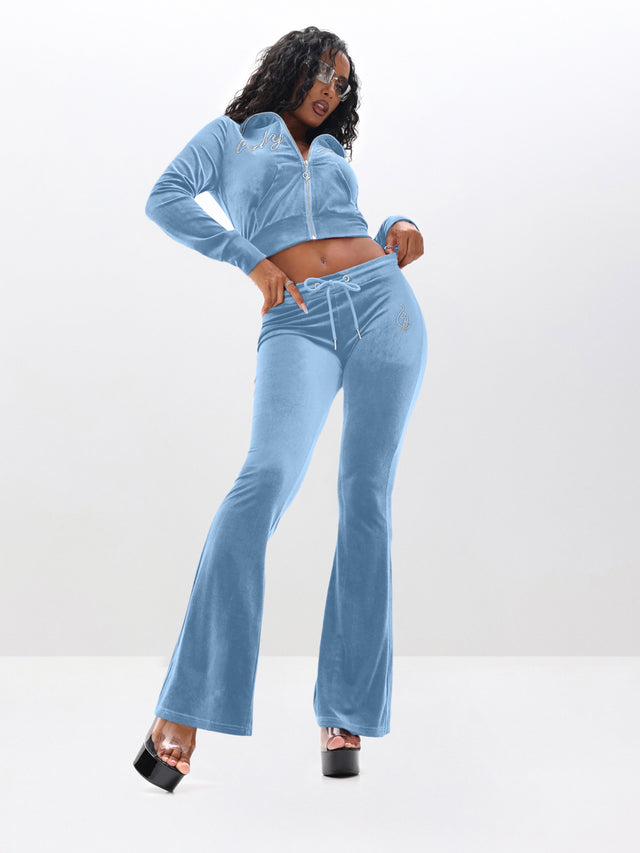 Low Rise Velour Sweatpants With Rhinestones, sky blue velour, front full-body view