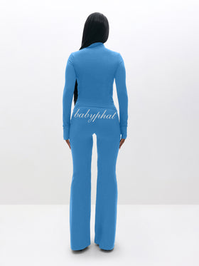 Long Sleeve High Neck Zip Up Top, rear sky blue silhouette with back script logo, back view
