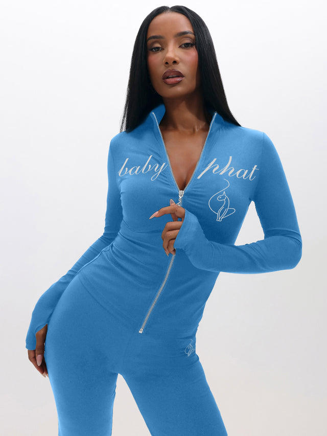 Long Sleeve High Neck Zip Up Top, sky blue fitted zip-front silhouette, front view