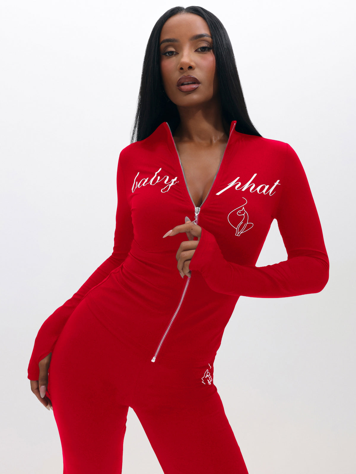 Long Sleeve High Neck Zip Up Top, bright red fitted silhouette with deep zip opening, on-model styling view