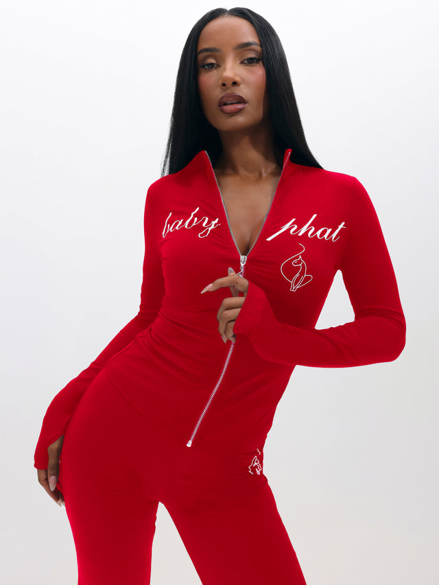 Long Sleeve High Neck Zip Up Top, bright red fitted silhouette with deep zip opening, on-model styling view