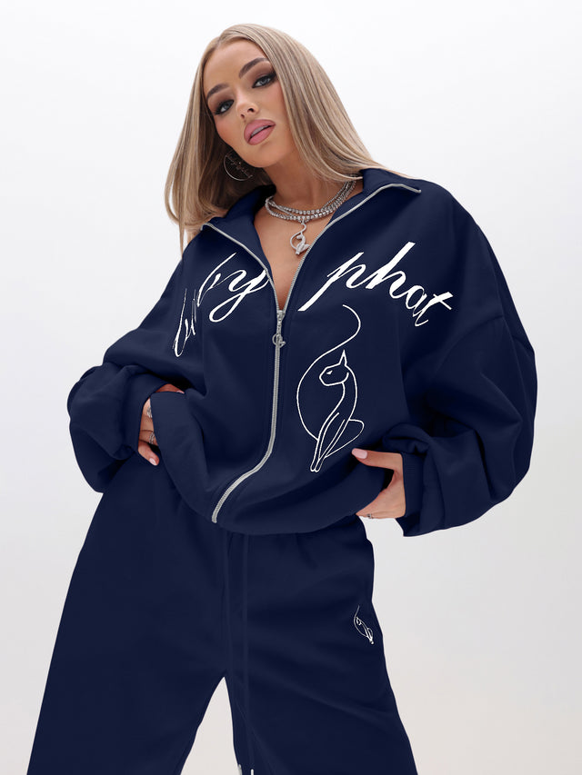 Oversized High Neck Zip Up Sweatshirt, navy script graphic with cat motif, front view