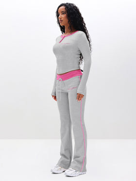 Contrast Trim Henley Top, heather grey with pink neckline trim, side view