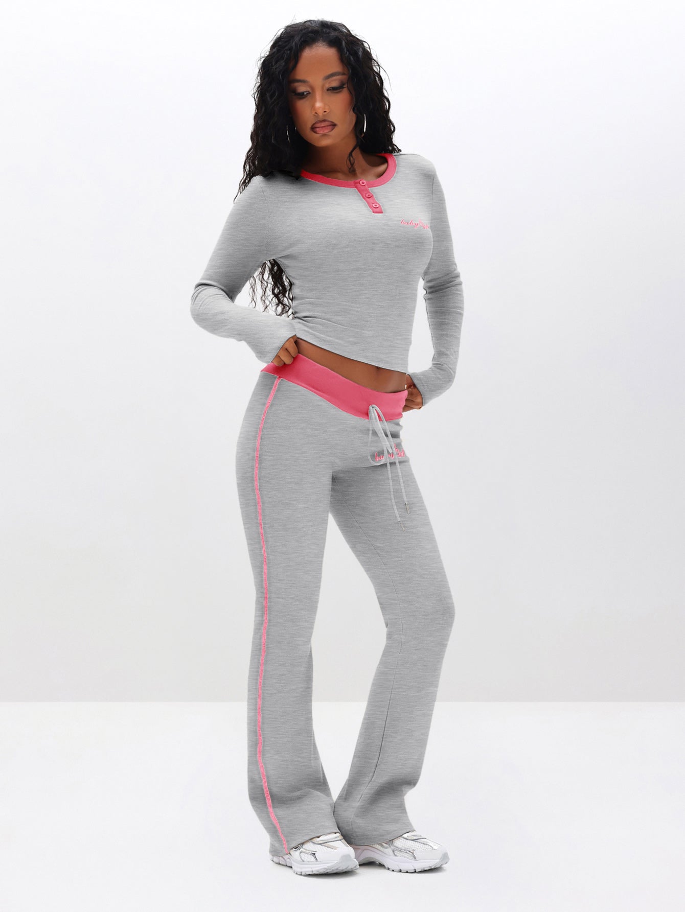 Contrast Trim Bootcut Pant, heather grey with pink trim, front full-body view