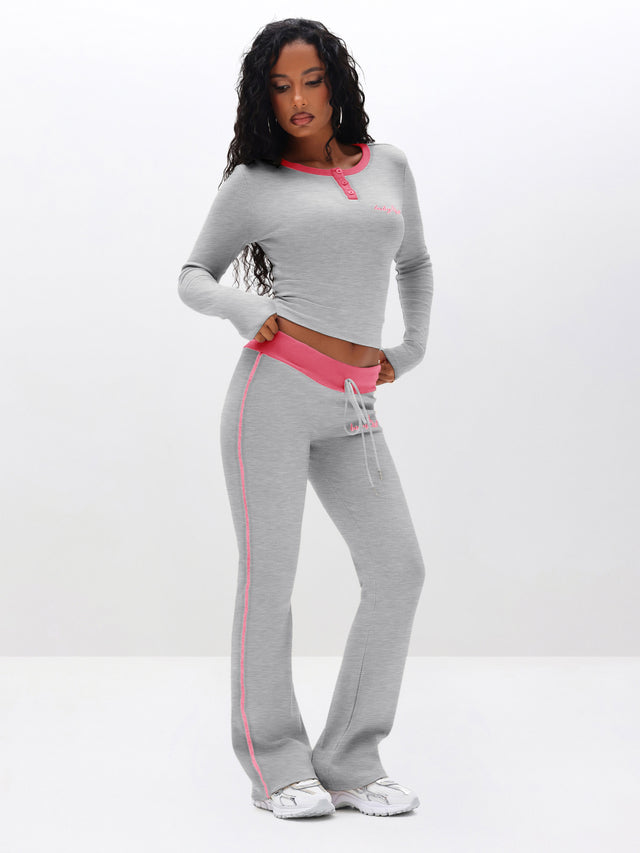 Contrast Trim Bootcut Pant, heather grey with pink trim, front full-body view