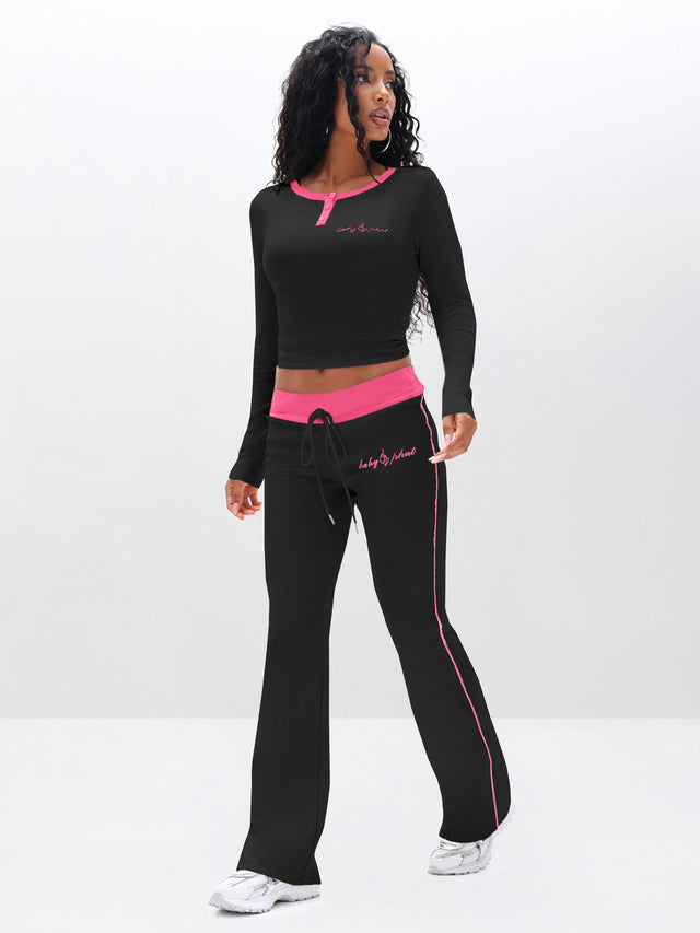 Contrast Trim Bootcut Pant, black with pink trim, front view