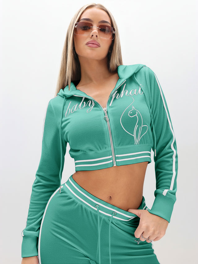 Cropped Velour Zip Up Sweatshirt, aqua cropped velour zip hoodie with script logo, front view