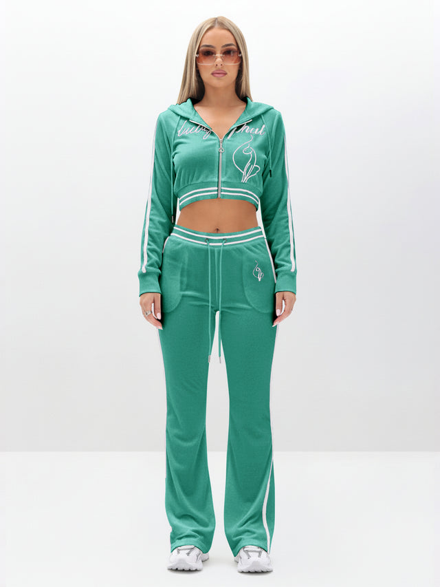 Slim Fit Velour Bootcut Pant, teal velour with white side stripe, front full-body view