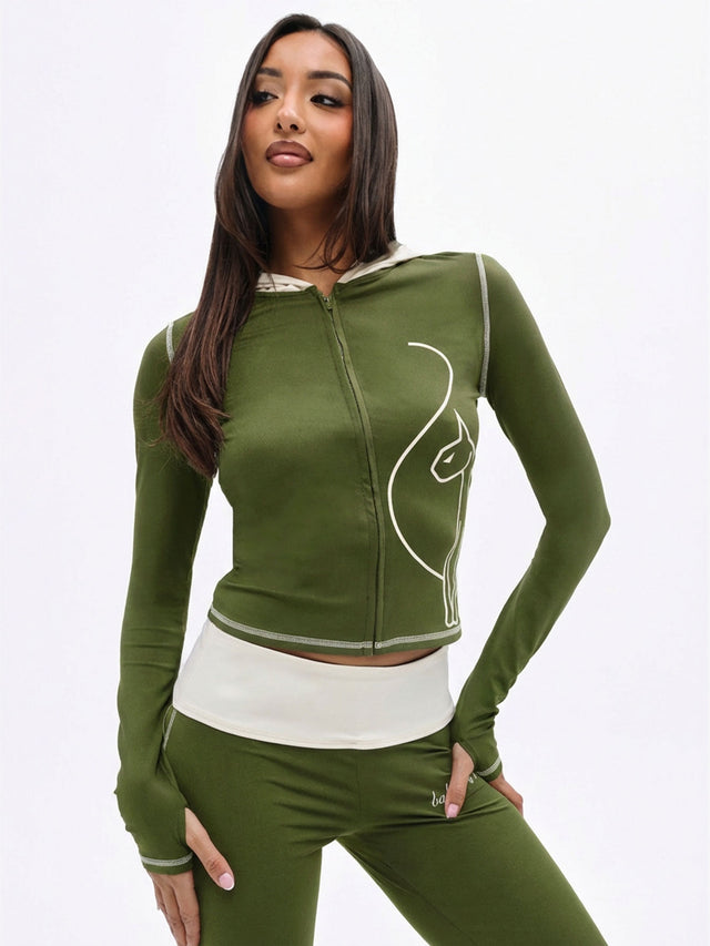 Zip Up Hooded Top with Contrast Stitching
