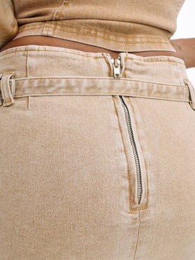 Belted Denim Mini Skirt, back zipper and belt construction detail, close-up detail