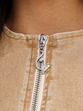 Sleeveless Denim Zip Up Top, sand-wash denim zipper and neckline hardware, close-up detail
