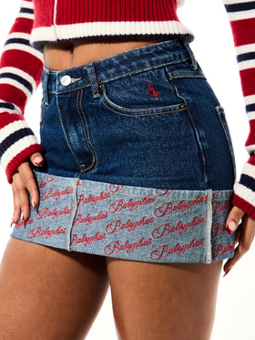 Denim Mini Skirt with Embroidered Logo Print