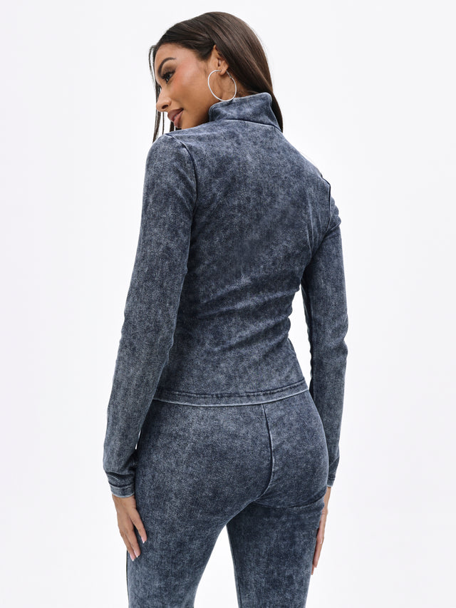 Denim Wash Funnel Neck High Neck Zip Top, dark denim-wash fitted silhouette, back view