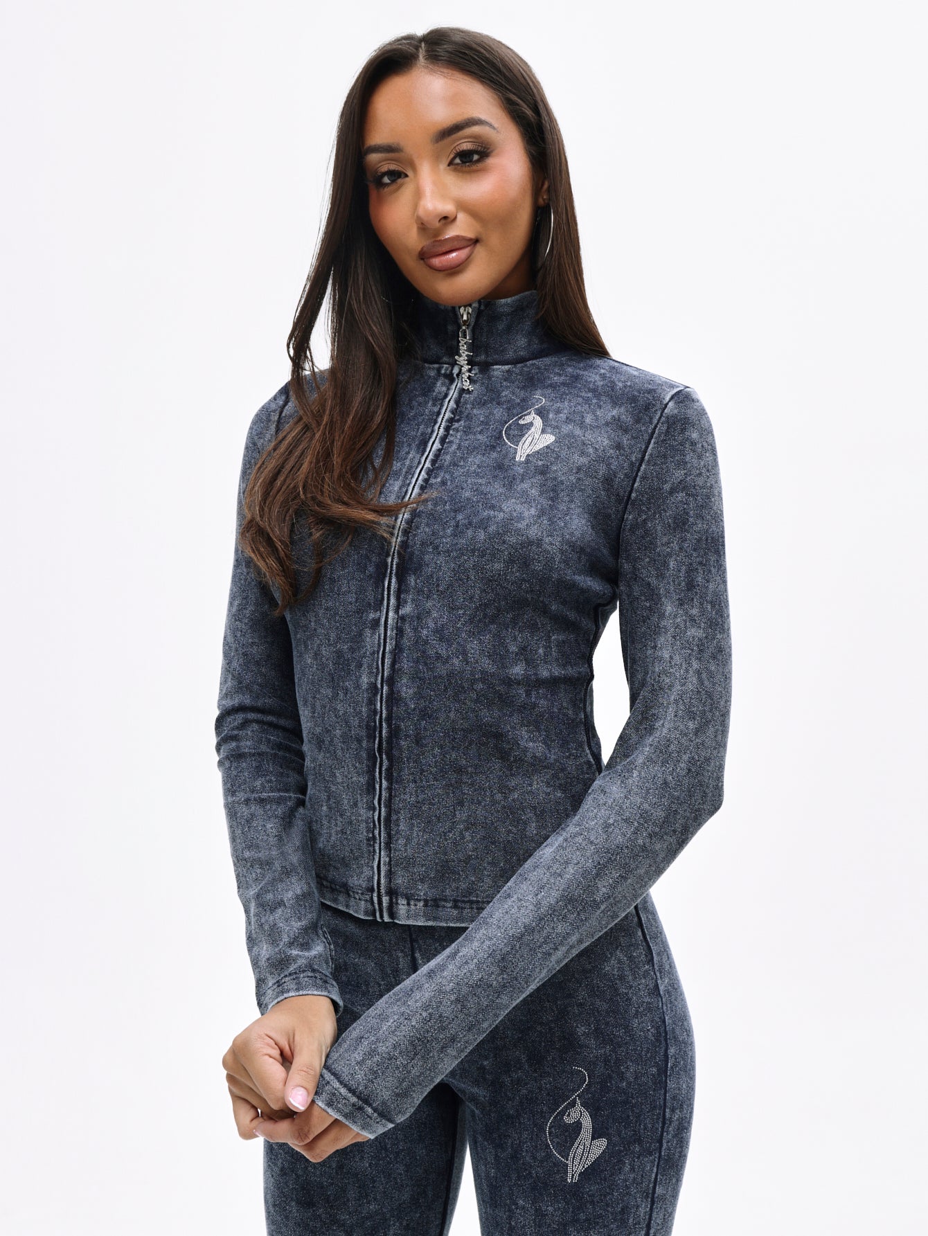 Denim Wash Funnel Neck High Neck Zip Top