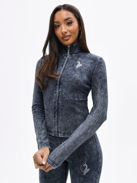 Denim Wash Funnel Neck High Neck Zip Top