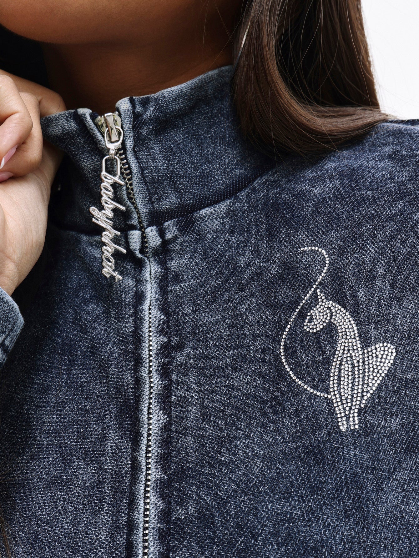 Denim Wash Funnel Neck High Neck Zip Top