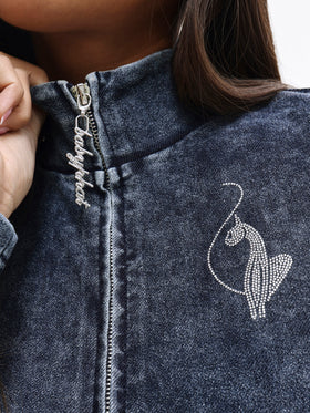 Denim Wash Funnel Neck High Neck Zip Top
